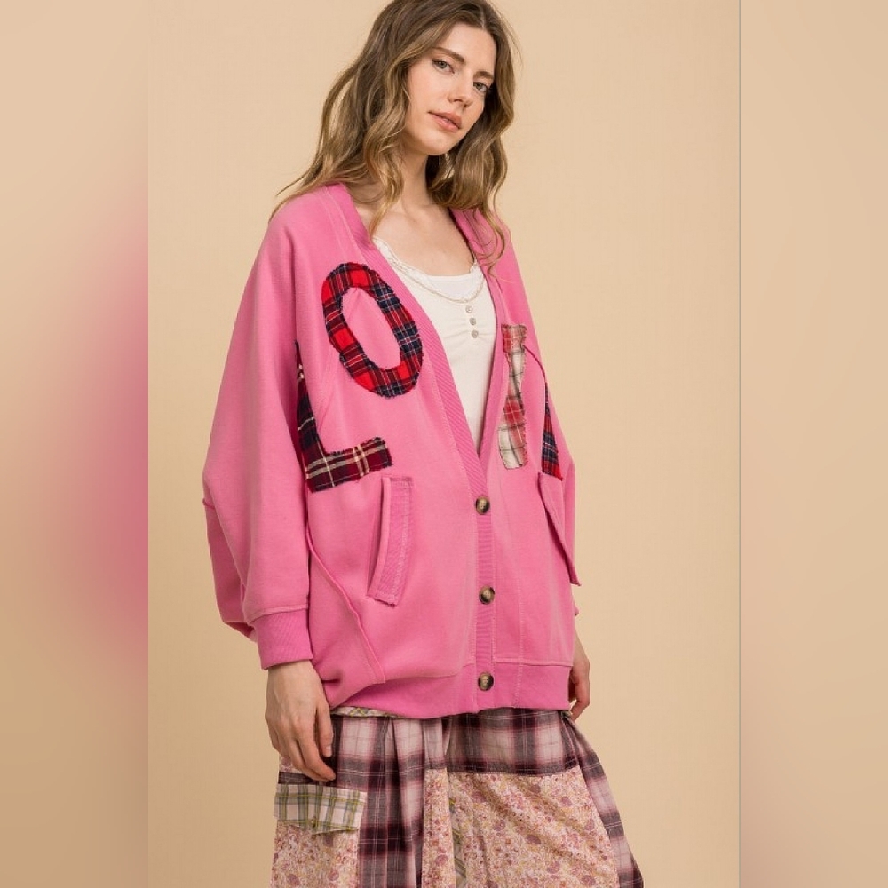 3-1210 *boutique* Oversized LOVE Plaid Pink Fleece Lined Button Cardigan - Picture 7 of 10